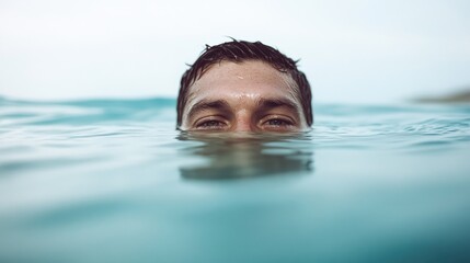 Male emerging from water with focused gaze