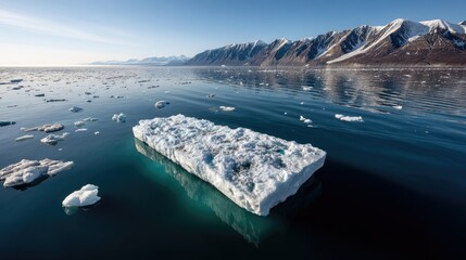 Vibrant aerial view of an iceberg floating in the blue waters of Antarctica with snow-capped mountains in the background