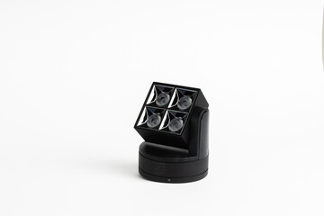 Adjustable Quad-LED Black Spotlight Fixture with Round Base Isolated on White Background

