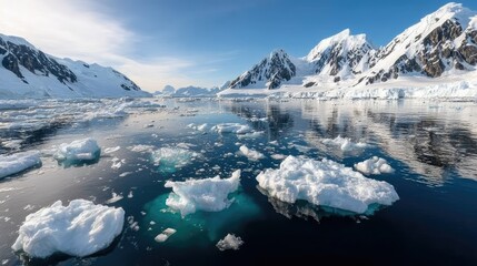 Vibrant aerial view of an iceberg floating in the blue waters of Antarctica with snow-capped mountains in the background