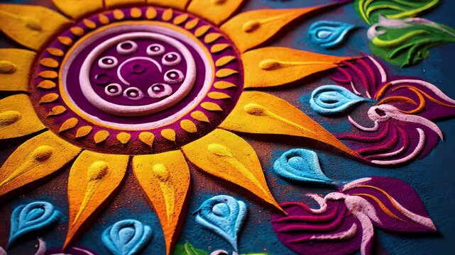 Colorful closeup of rangoli designs created for Diwali celebrations, showcasing intricate patterns and vibrant hues that enhance the festive atmosphere during the festival of lights