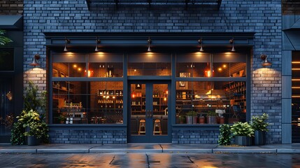 Stylish grey brickwall boutique facade mockup template, with a sophisticated blend of brick and metal finishes, with realistic lighting and shadows 