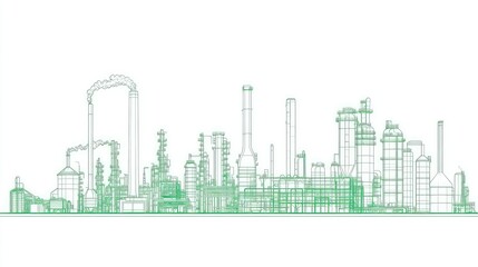 Fototapeta premium Industrial plant outline, green lines, white background. Possible use Engineering, industry