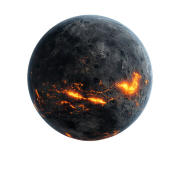 Fiery, glowing planet with dark, rocky surface and bright lava like cracks creates dramatic cosmic scene. contrast between dark and bright areas adds intensity