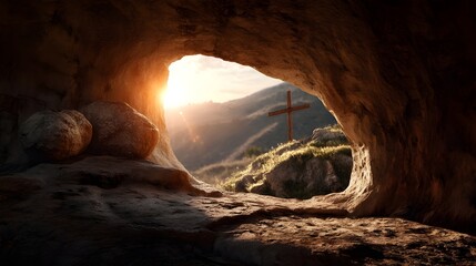 Sacred Sanctuary: A view from inside a cave reveals a golden cross on a mountain bathed in the soft morning light of a new dawn. Revealing the promise of rebirth and spiritual renewal.