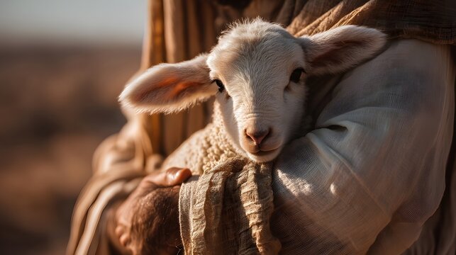 Caring Embrace: Tender image depicts a warm, caring embrace with a lamb. Symbolizing compassion and serenity in a rustic environment.
