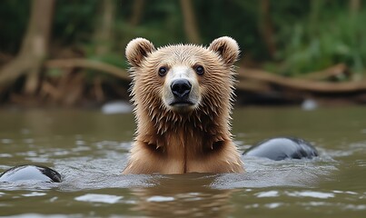 Bear Swimming in River
