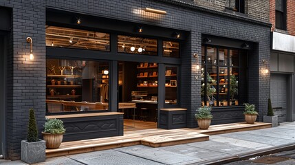 Stylish grey brickwall boutique facade mockup template, with a sophisticated blend of brick and metal finishes, in soft daylight 