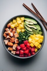 Exquisite poke bowl featuring fresh tuna watermelon chicken pineapple avocado and green onion vibrant colors and textures healthy eating concept top view studio shot