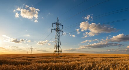 Power Tower in Wheat Field Under Blue Sky