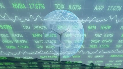 Wind turbine silhouette floating over hill, showing globe overlay with stock tickers in flat design - Powered by Adobe