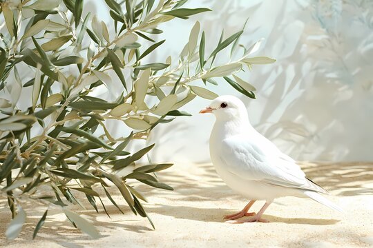 White dove peace olive branch sunlight sand serenity - Powered by Adobe