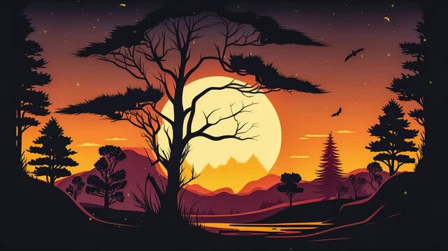 Magical Sunset Animation with Fireflies in a Glowing Natural Landscape