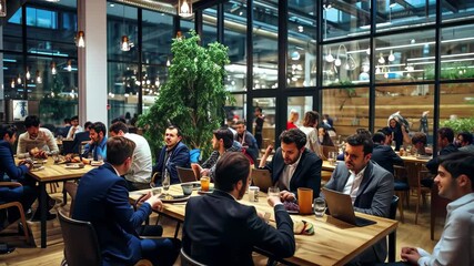 Cafeteria transformation into an after hours hub for networking gatherings, showcasing a bustling atmosphere filled with people engaged in conversation and collaboration