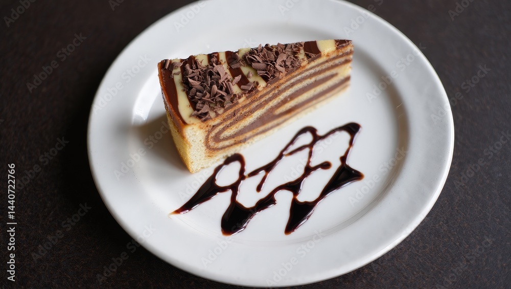 Aufkleber a slice of cake on a white plate, topped with chocolate frosting and drizzled with chocolate sauce.