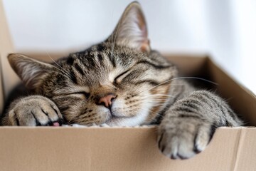 Comfortable cat peacefully napping in a cozy box on a soft white background, Comfortable cat asleep in box, white background, capturing peaceful rest
