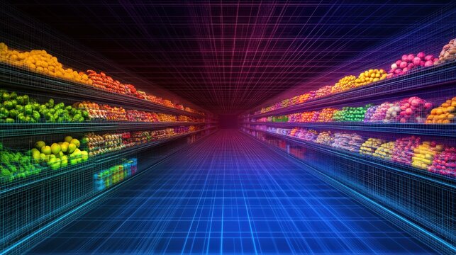 Vivid supermarket aisle filled with colorful fruits and vegetables, showcasing a futuristic design