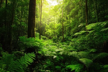 Obraz premium Lush green vegetation in the Australian rainforest of Tasmania during daylight, Australian rainforest green vegetation Tasmania nature landscape