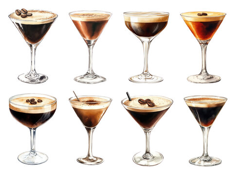 PNG Set of espresso martini cocktails in different glasses with coffee beans and foam. Watercolor illustration isolated on transparent  background. Coffee cocktail. Alcoholic beverage and bar drink