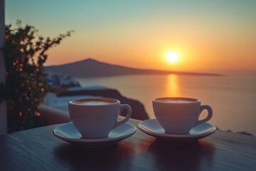 Fototapeta premium Evening coffee with breathtaking sunset views over the ocean in San, Evening Coffee with Breathtaking Sunset Views in Santorini