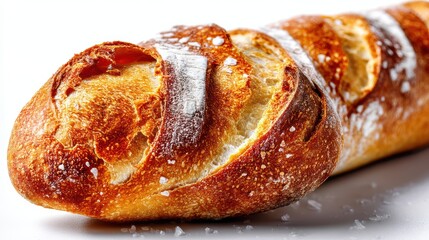a fresh baguette with a crispy golden crust on a white isolated background, rustic and appetizing design