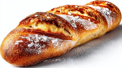 a fresh baguette with a crispy golden crust on a white isolated background, rustic and appetizing design