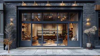 Stylish grey brickwall boutique facade mockup template, with a sophisticated blend of brick and metal finishes, elegant urban storefront concept 