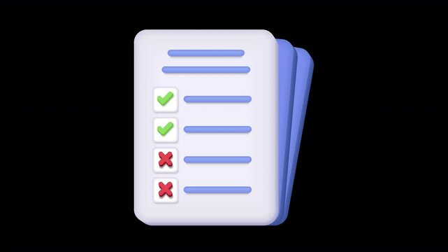 3D Check and Cross Mark Icon Animation. Acceptance and Rejection Symbols, Checklist Paper, Right and Wrong Motion Graphic Concept.