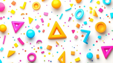 Colorful 3D shapes and confetti scattered on a white background.  Bright, playful, and fun, perfect for kids' projects or celebratory designs.