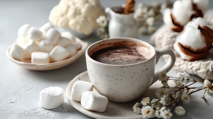 a fresh cup of hot chocolate with marshmallows on a white isolated background, cozy and comforting design