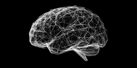 Abstract digital brain network wireframe on black background