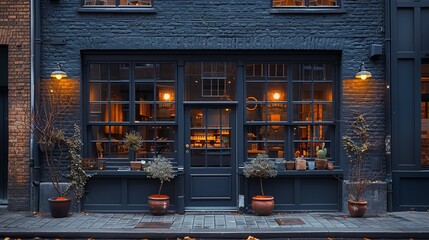 Stylish grey brickwall boutique facade mockup template, with a sophisticated blend of brick and metal finishes, ideal for branding display 