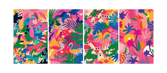 Colorful flowers and leaves poster background vector illustration. Exotic plants, branches, flowers and leaves art print for beauty, fashion and natural products, spa and wellness, wedding and events	