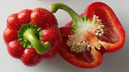 a fresh red bell pepper sliced in half with seeds visible on a white isolated background, vibrant and nutritious look