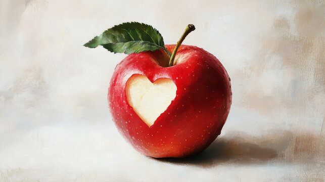 Red apple with heart-shaped bite on soft background