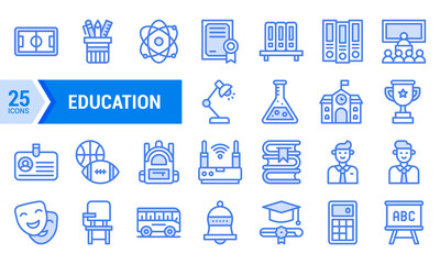 25 Blue Line Education Icons for Website or App Design.
