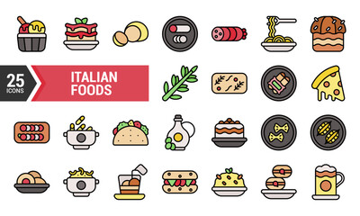 25 Colorful Icons of Delicious Italian Foods for Your Design.