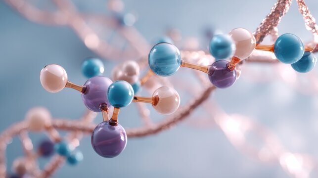 Colorful molecules suspended in a blue background showcase scientific beauty and creativity in molecular structure