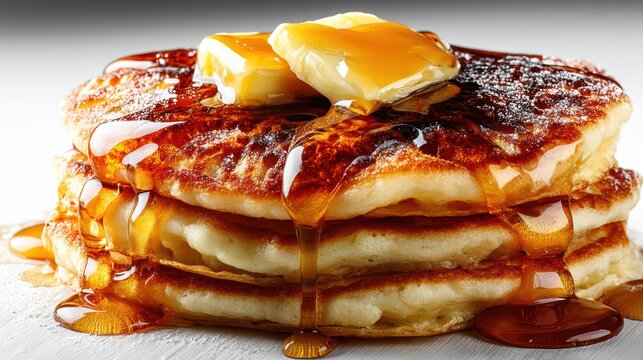 a stack of freshly made pancakes with a pat of butter and maple syrup on a white isolated background, indulgent and warm design - Powered by Adobe