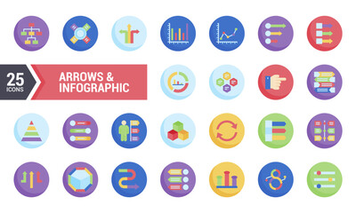 25 Colorful Arrow and Infographic Icons in Circles.