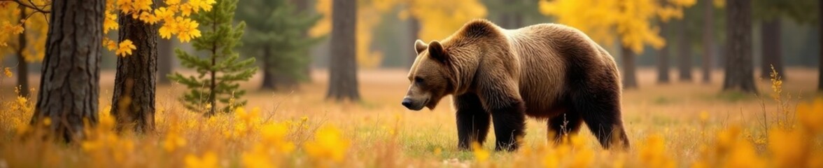 Fototapeta premium Grizzly foraging amidst golden aspen leaves, Denali , mountains, nature photography, predator