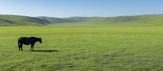 Horse Grazing in Grassy Field Under Blue Sky