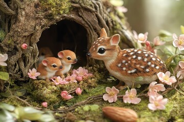 Obraz premium Fawn and fawns nestled in a woodland nook.