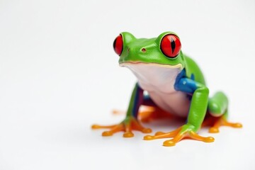 Obraz premium Single red-eyed tree frog on pure white backdrop, tropical frog, exotic