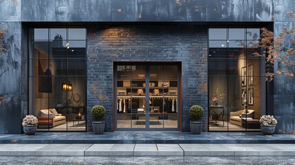 Stylish grey brickwall boutique facade mockup template, with a sophisticated blend of brick and metal finishes, ideal for luxury fashion branding 