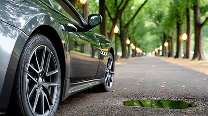 Naklejka premium Swipe car parked on asphalt road featuring potholes under bright sunlight during summer with blurred background and bokeh effect