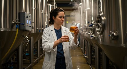 A brewer in a lab coat examines a beer sample in a laboratory inside of a brewery.