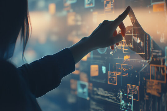 Woman pointing at digital interface on screen.
