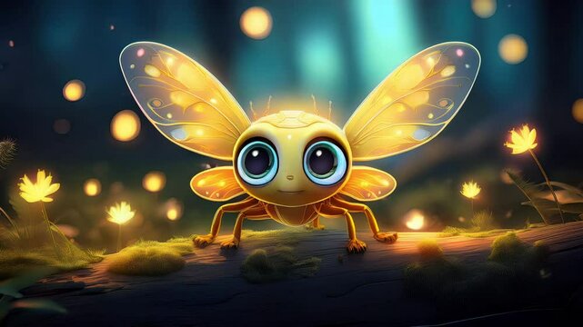 Cute Cartoon Firefly Lightening Bug Dancing in the Forest