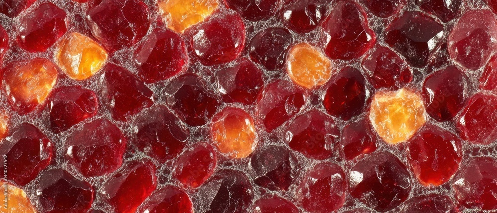 Poster captivating close up of vibrant ruby red and amber orange glass gems creating a mosaic pattern with 